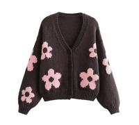 Cexiakong Pull pour femme - Cardigan en tricot torsadé - Manches longues - Ouverture devant - Col en V - Boutonnière - Broderie - Mélange de laine - Veste d'extérieur, marron, S