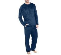 Cexiakong Pyjama en polaire pour homme - Long - Chaud - Hiver - 2 pièces - Manches longues - En tissu éponge - Avec poches - Coupe normale, Marine, S