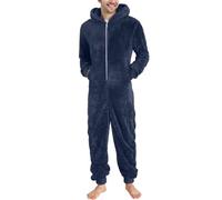 Cexiakong Pyjama long pour homme - En peluche - Couleur unie - En polaire - Combinaison une pièce - Avec capuche - Combinaison intégrale - Tendance - Léger, bleu foncé, S