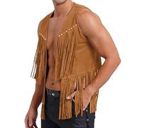 Cexiakong Veste en cuir suédé pour homme avec franges, manches courtes, style cowboy, indien, avec franges, rétro, bohème, hippie, déguisement de festival, carnaval, veste en tricot avec franges