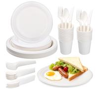 Cexovo Assiettes Jetables en Bagasse de Canne à Sucre, 150pcs, 25 personnes | Biodégradables, con Assiette, Fourchettes, Couteaux et Cuillères pour Fête Camping et Pique-Niques