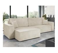 Cezanne - canapé d'angle réversible 5 places convertible avec coffre en velours côtelé - Beige