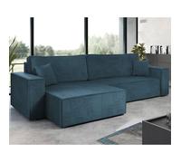 Cezanne - canapé d'angle réversible 5 places convertible avec coffre en velours côtelé - Bleu Ardoise