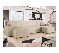 Cezanne - Canapé panoramique en U 7 places convertible avec coffre en tissu texturé - Beige