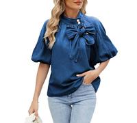 cffdviz Chemise en Jean Vintage pour Femmes À Manches Courtes Décontractée Col Ample avec Nœud À l'avant,Dark Blue,M