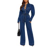 cffdviz Combinaison En Jean Pour Femme Sexy Et Cintrée À Boutons Manches Longues Évasées Avec Ceinture,Bleu,XL