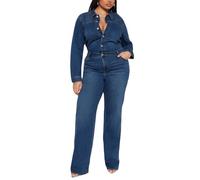 cffdviz Combinaison Femme En Jean À Manches Longues Coupe Slim Lavée À Boutons Pantalon Long Droit,Dark blue,S