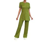 cffdviz Ensemble Assorti 2 Pièces pour Femmes Tenues D'été Top À Manches Courtes Fendu sur Le Côté Pantalon Large Ensemble,Vert,L