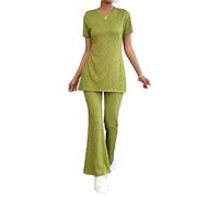 cffdviz Ensemble Assorti 2 Pièces pour Femmes Tenues D'été Top À Manches Courtes Fendu sur Le Côté Pantalon Large Ensemble,Light Green,XL