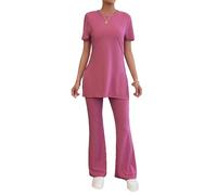 cffdviz Ensemble Assorti 2 Pièces pour Femmes Tenues D'été Top À Manches Courtes Fendu sur Le Côté Pantalon Large Ensemble,Rose Red,S