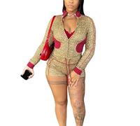 cffdviz Ensembles De Survêtements pour Femmes 2 Pièces Motif Léopard Patchwork Haut À Manches Longues Et Ensemble Short,Rouge,M