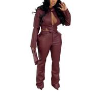 cffdviz Ensembles pour Femmes 2 Pièces en Cuir PU avec Veste À Manches Longues Et Fermeture Éclair Et Pantalon Tenues Décontractées Costumes De Pantalon Tenues De Club,Rouge,XL