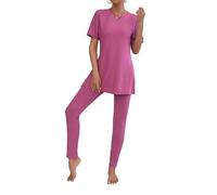 cffdviz Ensembles pour Femmes 2 Pièces Été T-Shirt À Manches Courtes Côtelé Et Pantalon Assortis Tenues De Détente Survêtement,Rose Red,S
