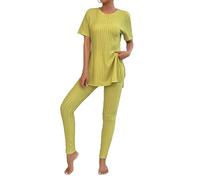 cffdviz Ensembles pour Femmes 2 Pièces Été T-Shirt À Manches Courtes Côtelé Et Pantalon Assortis Tenues De Détente Survêtement,Vert,M