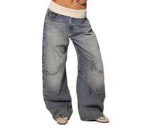cffdviz Jean Ample Y2K pour Femmes Taille Mi-Haute Vintage Hip-Hop Coupe Large Pantalon en Denim Streetwear,Bleu,S