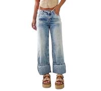 cffdviz Jean Boyfriend Retroussé pour Femmes Taille Haute Délavé Usé Coupe Droite Longueur Cheville,Light Blue,M