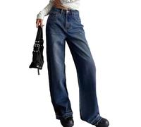 cffdviz Jean Droit pour Femmes Taille Mi-Haute Délavé Usé Ample Jambe Large,Bleu,S