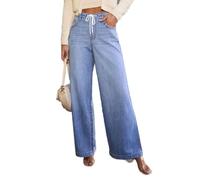 cffdviz Jean Femme À Jambes Larges Taille Haute avec Cordon Ample Déchiré Droit Jean Boyfriend,Bleu,M
