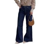 cffdviz Jean Large Ample pour Femmes Taille Mi-Haute Vintage Lavé avec Cordon Et Bas Cloche,Dark Blue,M