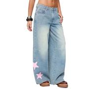 cffdviz Jeans À Jambe Droite pour Femmes Taille Haute Déchirés avec Patch Étoile Pantalons en Denim À Jambes Larges,Bleu,S