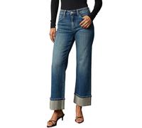 cffdviz Jeans Décontractés Femme À Jambe Droite Taille Haute Coupe Ample Ourlet Roulé Strass Pantalon en Jean Large,Bleu,L