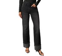 cffdviz Jeans Décontractés Femme À Jambe Droite Taille Haute Coupe Ample Ourlet Roulé Strass Pantalon en Jean Large,Noir,XL