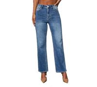 cffdviz Jeans pour Femmes Délavés Et Usés Coupe Droite Taille Mi-Haute Jean Boyfriend,Bleu,S
