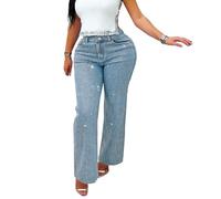 cffdviz Jeans Taille Haute pour Femmes Décontractés Colorés avec Strass Coupe Droite,Bleu,S