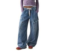 cffdviz Jeans Vintage De Travail pour Femmes Taille Moyenne À Cordon Décontractés Amples Jambes Larges Boyfriend,Bleu,XL