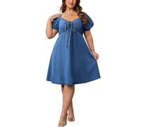 cffdviz Robe en Jean Midi À Manches Courtes pour Femmes Grande Taille Été Décontractée Manches Bouffantes Babydoll,Bleu,3XL