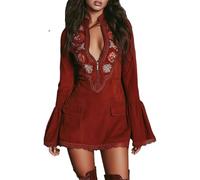 cffdviz Robe Western Femme Brodée Cowgirl avec Fermeture Éclair Manches Longues Patchwork Ourlet en Dentelle Robe Mini Ligne A,Rouge,XXL