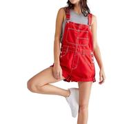 cffdviz Salopette Courte En Jean Femme Décontractée Avec Bretelles Coupe Ample Et Ourlet Retroussé,Rouge,L