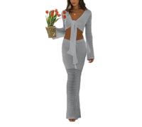 cffvdiz 2 Pièces Crochet Tenues pour Les Femmes Sexy Lace Up V Neck Top Cut Out Halter Knit Jupe Deux Pièces Ensemble,Gris,M