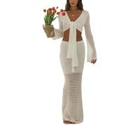 cffvdiz 2 Pièces Crochet Tenues pour Les Femmes Sexy Lace Up V Neck Top Cut Out Halter Knit Jupe Deux Pièces Ensemble,Blanc,S