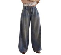 cffvdiz Baggy Large Jambe Jeans pour Femmes Délavé Délavé Lâche Y2K Jambe Droite Pantalon en Denim,Bleu,M