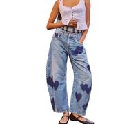 cffvdiz Barrel Jeans Femmes Vintage en Détresse Baggy Coeur Imprimé Low-Rise Cheville Jeans Denim Pantalon,Bleu,S
