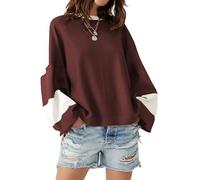 cffvdiz Burgundy,XL, Surdimensionné Sweat-Shirt pour Les Femmes 2024 Manches Longues du Cou Splicing Couleur Loose Pull Sweatshirt