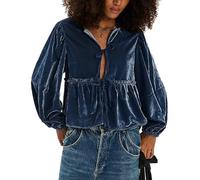 cffvdiz Chemise en Velours pour Femmes Décontractée Douce avec Nœud À l'avant Et Volant Style Babydoll,Bleu,L