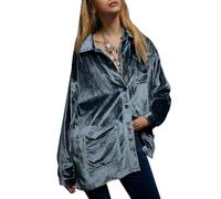cffvdiz Chemises À Boutons pour Femmes Chemise Ample en Velours À Manches Longues avec Poches,Bleu,S