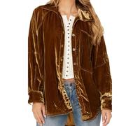 cffvdiz Chemises en Velours avec Col pour Femmes Tuniques Hauts Décontractés À Manches Longues Chemises Amples À Boutons Vestes,Marron,XL