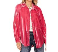 cffvdiz Chemises en Velours avec Col pour Femmes Tuniques Hauts Décontractés À Manches Longues Chemises Amples À Boutons Vestes,Rose,S