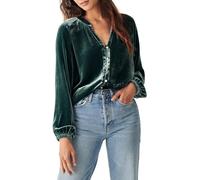 cffvdiz Chemises Et Blouses en Velours pour Femmes Col en V Manches Bouffantes Mignonnes Tunique,Vert,S