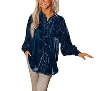 cffvdiz Chemisier-Robe en Velours pour Femmes Haut Décontracté À Manches Longues Boutonné Chemise Midi Cardigan,Bleu,S