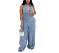 cffvdiz Combinaison en Denim pour Femmes sans Manches Dos Nu Dos Nu Boutonné Large Jean Combinaison,Light Blue,M