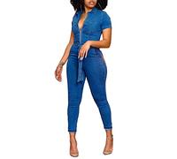 cffvdiz Combinaison en Jean pour Femmes Combinaison en Jean À Manches Courtes avec Fermeture Éclair sur Devant Et Col en V Sexy,Bleu,XL