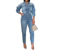 cffvdiz Denim Combinaison pour Femmes Sexy Slim Fit Manches Longues Taille Haute Jean Combinaisons Bouton Bas Élastique Taille Longue Romper,Bleu,S