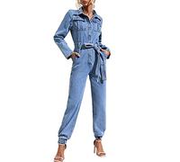 cffvdiz en Denim De Détresse des Femmes Combinaison Casual Manches Longues Boutons vers Le Bas Jean Denim Combi,Bleu,L