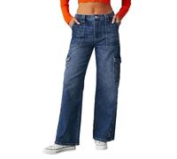 cffvdiz Femmes Baggy Jambe Droite Jeans Taille Moyenne Stretch Multi-Poches Denim Pantalon,Bleu,M