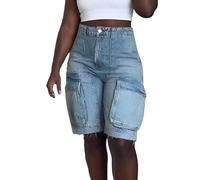 cffvdiz Femmes Cargo Denim Shorts Lavé en Détresse Raw Hem Multi-Poches D'Été Jambe Droite Denim Shorts,Light Blue,L