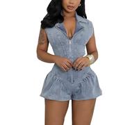 cffvdiz Femmes Casual Sexy Slim Denim Combinaison sans Manches Fermeture Éclair Shorts Jean Combishorts,Light Blue,XXL